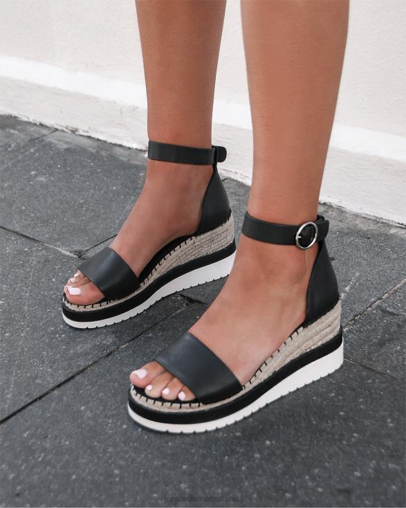 klume espadrilles met middelhoge hak en sleehak 46LN50 zwart leer Jo Mercer schoenen